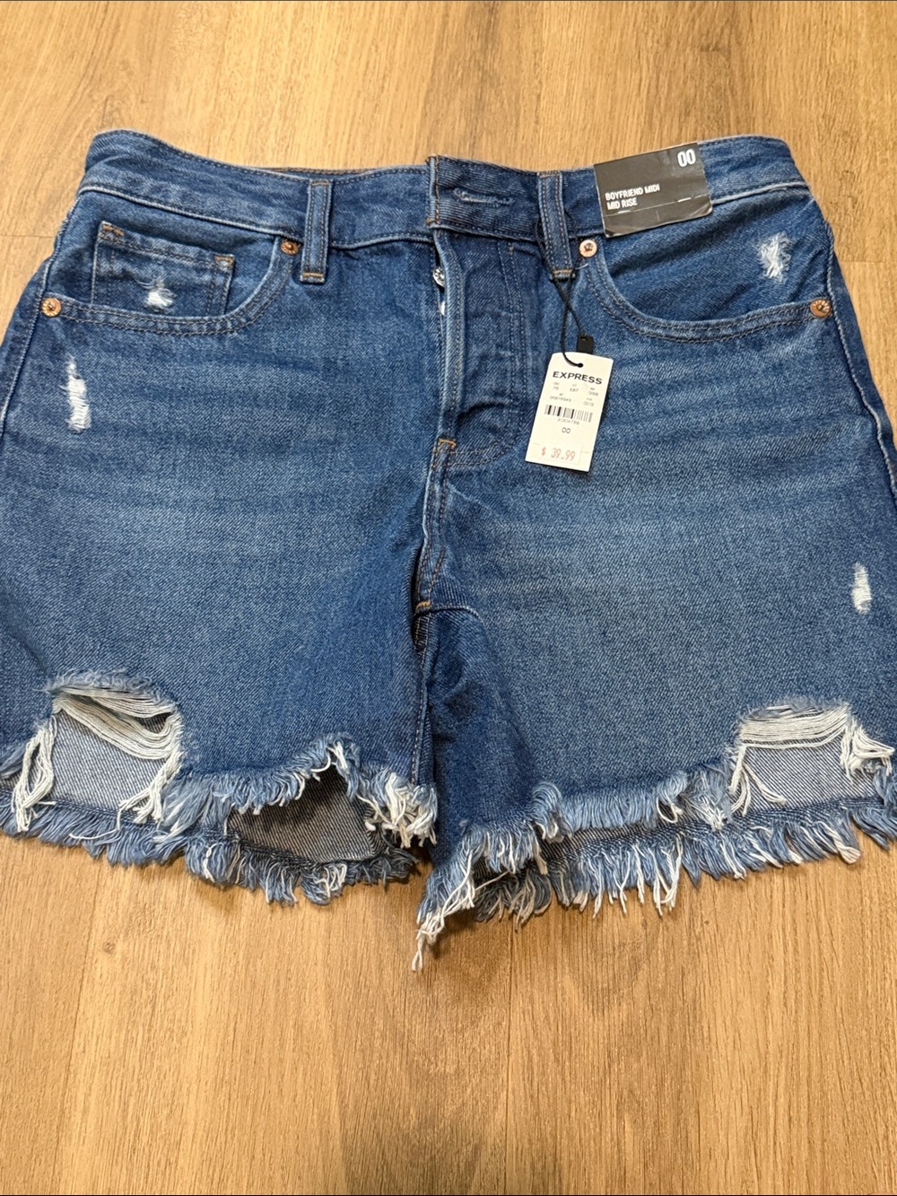 Express Distressed Dark Blue Frayed Hem Jean Shorts size 00 (1)